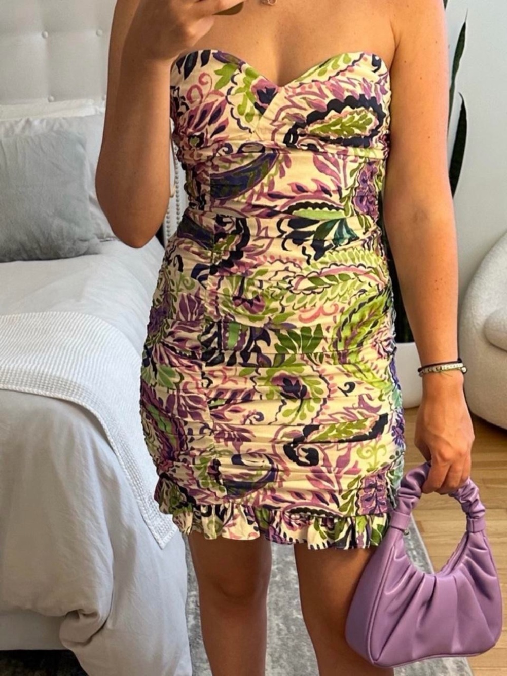 Zara Strapless Floral Sweetheart Mini Dress in Purple & Green